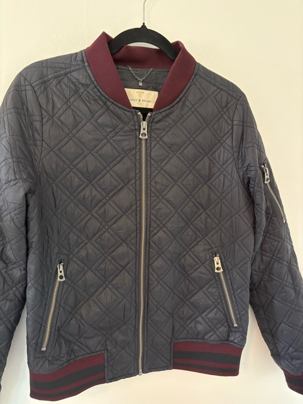 Lucky Brand Quilted Bomber Jacket in Charcoal with Burgundy Trim - Picture 2 of 6